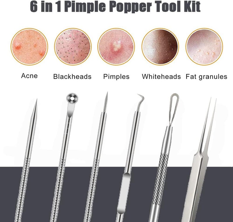 BLAAROOM Pimple Popper Tool Kit, 6 Pcs Blackhead Remover Acne Needle Tools Set Removing Treatment Comedone Whitehead Popping Zit for Nose Face Skin Blemish Extractor Tool - Silver - Image 5